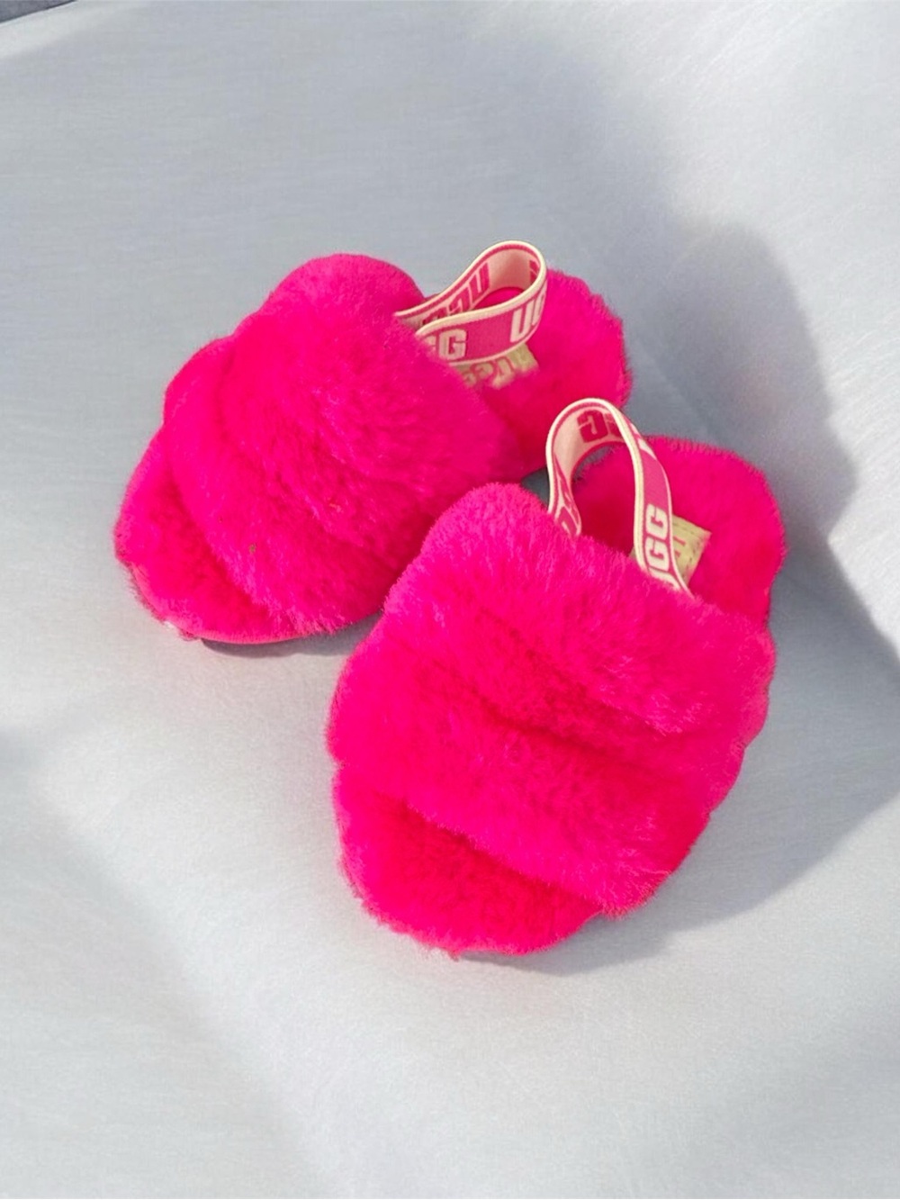 UGG Hot Pink Faux Fur Slide Sandals with Branded Heel Strap